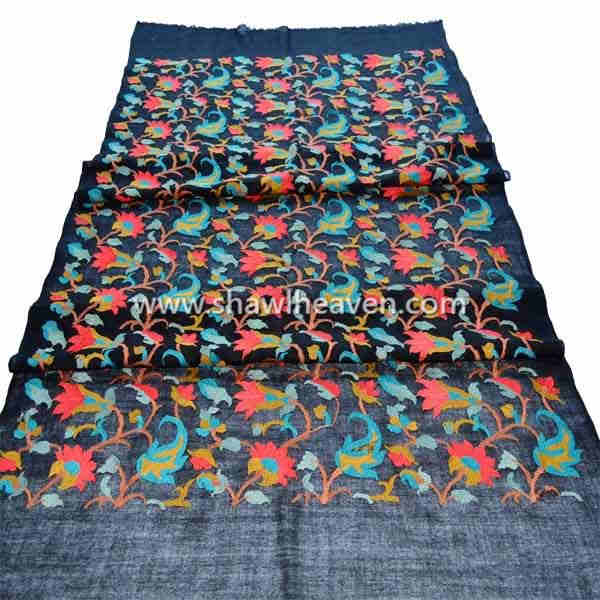 Kashmiri Floral vine embroidery pattern wool shawl
